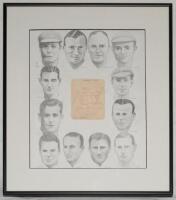 Lancashire 1924. Album page signed in pencil by twelve members of the Lancashire team including Sharp (Captain), Makepeace, Iddon, Parkin, Hopwood, McDonald, Duckworth, Hallows etc. The page laid down to a large image comprising a series of pencil drawing