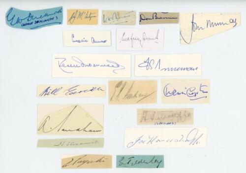 England and South Africa Test player autographs 1930s-1970s. Twenty three individual signatures, the majority on pieces, small cards etc. England signatures are Evans, Ames, Murray, Levett, Brennan, Duckworth, McIntyre, Underwood, Trueman, Hendren, D. Com