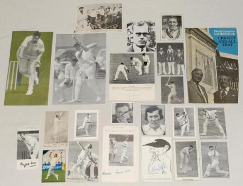 Test and County signatures 1930s-1980s. Forty seven signatures on press pieces/ scraps, cards etc. Earlier signatures include Larwood, Washbrook, Tyson, Graveney, Fender, L. Hutton, Fishlock, W. Edrich, Ames, Bowes, A. Bedser, Cowdrey, D&rsquo;Oliveria, Underwo