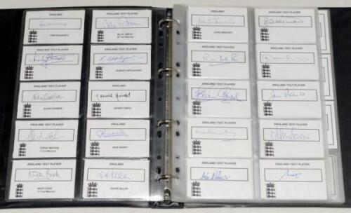 England Test and County signatures 1950s onwards. Black file comprising over one hundred and sixty individually signed cards. Over one hundred have printed title ‘England Test Player’, the majority of the remainder with County title and emblem. Signatures