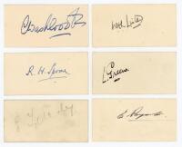 Lancashire. Ink signatures of Washbrook, Lister, R.H. Spooner, Green, and Paynter nicely signed in ink on uniform cream cards. Sold with a pencil signature of E. Tyldesley on similar card. Good condition
