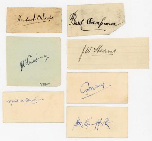 Test players signatures. Ink signatures of Herbert Wade (South Africa), Bert Oldfield (Australia), J.W. Hearne, A.P.F. Chapman (England, both on paper pieces) and three members of the West Indies 1933 touring party, Christiani, Merry and Griffith nicely s