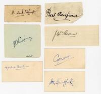 Test players signatures. Ink signatures of Herbert Wade (South Africa), Bert Oldfield (Australia), J.W. Hearne, A.P.F. Chapman (England, both on paper pieces) and three members of the West Indies 1933 touring party, Christiani, Merry and Griffith nicely s