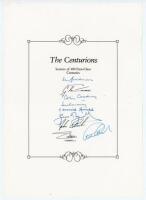 ‘The Centurions- Scorers of 100 First-Class Centuries’. Headed book insert by Boundary Books containing the ink signatures of nine players who have achieved the feat. Signatures, nicely signed in ink, by Don Bradman, Glenn Turner, Colin Cowdrey, Tom Grave