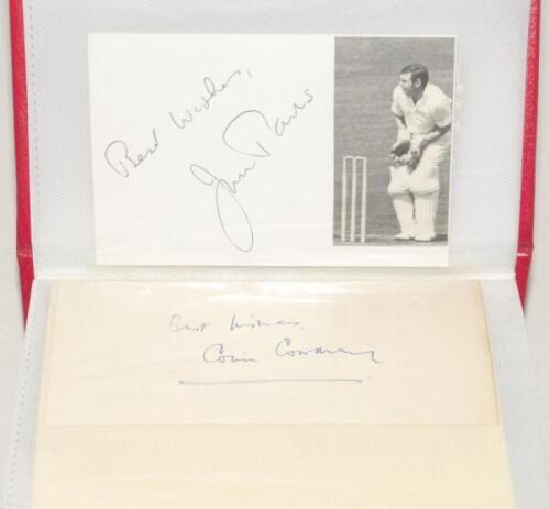 England Test and County signatures 1940s onwards. Small red album comprising 108 signatures in ink on small pages, cards, cuttings, the odd label, some laid down. Earlier signatures include Maurice Tremlett, Jim Parks, Colin Cowdrey, Tom Graveney, Roy Tat