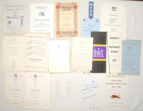 Cricket menus 1961-1997. Folder comprising a selection of menus for the period, two are signed by attendees. Signed menus are Middlesex C.C.C. Dinner 1965 signed by G.H.M. Cartwright (Oxford University 1909-1910), and John Benaud (New South Wales and Aust