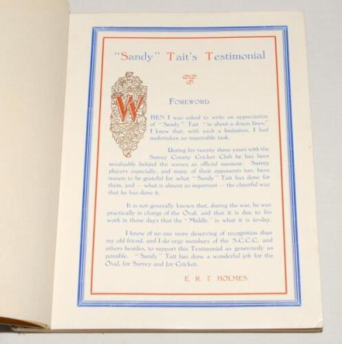 ‘Sandy’ Tait, Surrey C.C.C. Masseur. ‘Autograph Album of all County Cricketers’ Sandy’ Tait’s Testimonial 1952. Hardback Testimonial album produced for his Benefit, with signed action photograph of McIntyre to title page and very nicely signed to inside p