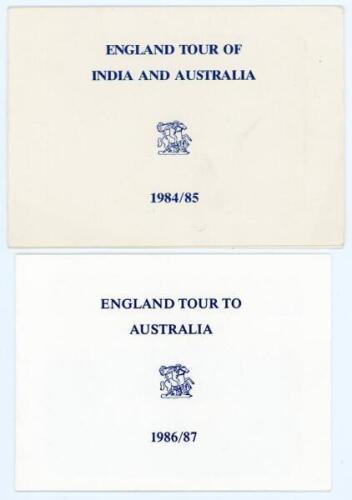 England cricket Christmas cards. Two official cards sent on England tours, both with a colour photograph of the England touring parties to inside. Cards are ‘England Tour of India and Australia 1984/85’, signed ‘Bernie [Thomas, physio]’, and ‘England Tour