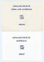 England cricket Christmas cards. Two official cards sent on England tours, both with a colour photograph of the England touring parties to inside. Cards are ‘England Tour of India and Australia 1984/85’, signed ‘Bernie [Thomas, physio]’, and ‘England Tour