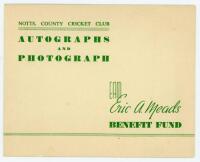 Eric Alfred Meads. Nottinghamshire 1939-1953. Original folding ‘Autographs and Photograph’ card produced by Nottinghamshire C.C.C. for Meads’ Benefit Fund 1953. The inside autograph page signed by eleven members of the Nottinghamshire team, opposite an of