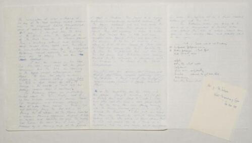 Keith Stackpole. World Championship of Cricket 1985. Three page handwritten manuscript for an article by Stackpole with accompanying handwritten note by Irving Rosenwater. Stackpole anticipates the Championship as the ‘biggest cricket extravaganza ever st