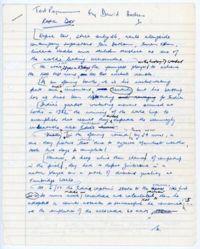 ‘Kapil Dev. Test Programme by David Hookes’. Five page original handwritten manuscript of an article written in 1985 by David Hookes on Kapil Dev for a Test match programme for the 1985/86 India tour to Australia. Hookes opens with the statement, ‘Kapil D