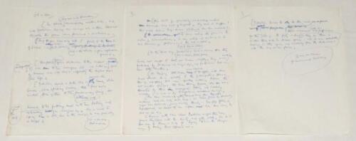 E.W. ‘Jim’ Swanton. ‘E.W.S. at Hove’. Three page handwritten article for ‘The Cricketer’. In the undated article Swanton is reporting on the close of the drawn County Championship match at Hove, Sussex v Yorkshire, 15th- 18th May 1971. He describes John H