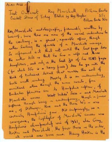 Alan Ross, cricket writer, poet and publisher. ‘Test Outcast’. Three page handwritten article by Ross for The Cricketer ‘Bookshelf’ book review column on Roy Marshall’s autobiography. The article is undated, but would have been written in 1970, the year o