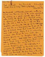 Alan Ross, cricket writer, poet and publisher. ‘Test Outcast’. Three page handwritten article by Ross for The Cricketer ‘Bookshelf’ book review column on Roy Marshall’s autobiography. The article is undated, but would have been written in 1970, the year o