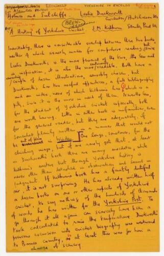 Alan Ross, cricket writer, poet and publisher. ‘Yorkshire in Excelsis’. Four page handwritten article by Ross for The Cricketer ‘Bookshelf’ book review column on two titles, ‘Holmes and Sutcliffe’ by Leslie Duckworth, and ‘A History of Yorkshire Cricket’ 