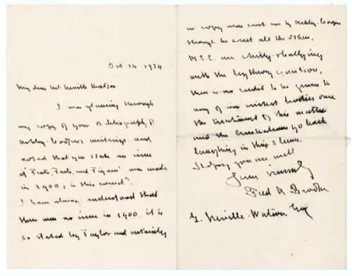 Frederick A. Brooke, cricket writer and collector. Two page handwritten letter from Brooke to George Neville Weston dated 14th October 1934. Writing from his home in Yorkshire, Brooke refers to Weston’s ‘Bibliography of Ashley-Cooper’s writings and note t