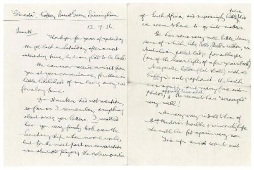 C.J. Britton, cricket writer and collector. Three page handwritten letter from Britton to George Neville Weston dated 22nd September 1936. The majority of the content relates to Dr. [T.R.] Hunter, a co-founder of the Cricketana Society, who ‘did not menti