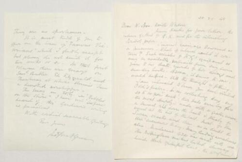 Charles Pratt Green. Cricket collector and wine merchant. Two two-page handwritten wartime letters with very good cricket content from Pratt Green to George Neville Weston. In the first, dated 18th December 1941, he thanks Weston for ‘the Cardus book’ des