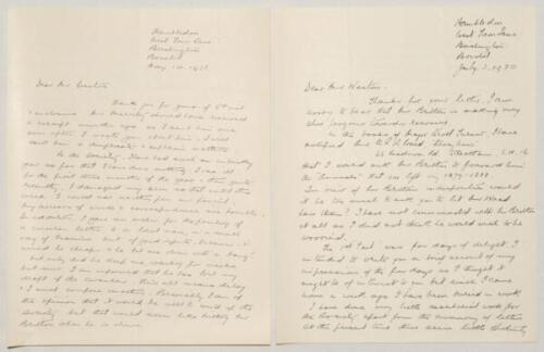 C. Stamper. Member of the Cricketana Society. Two two-page handwritten letters from Stamper to George Neville Weston. The first, dated 3rd July 1930, relates to his secretarial work for the Society during C.J. Britton’s ill health, and his own enjoyment o