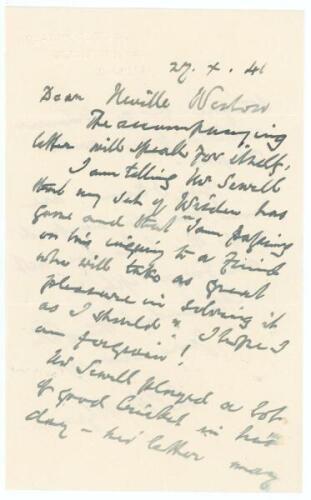 Charles Pratt Green, cricket collector and wine merchant. Two two page handwritten letters from Pratt Green to George Neville Weston, the first dated 27th October 1941. Writing from his Malvern home, Pratt Green makes reference to an accompanying letter (