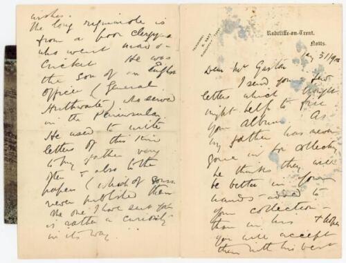 Richard Parr Daft (Nottinghamshire, 1 match 1886) to Alfred J. Gaston, cricket follower, writer and collector. Two handwritten letters, originally from Gaston’s personal collection, written by Daft, son of Richard Daft (Nottinghamshire 1858-1891). In one,