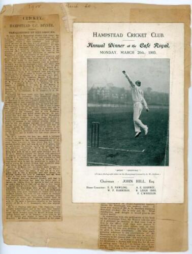 Pelham Francis ‘Plum’ Warner. Oxford University, Middlesex & England 1894-1920. Hampstead Cricket Club 1905. Official menu for the Annual Dinner held at The Cafe Royal on the 20th March 1905. The menu with photographic image from an original by George Bel