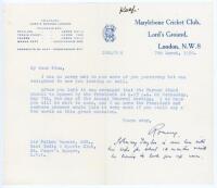 Pelham Francis ‘Plum’ Warner. Oxford University, Middlesex & England 1894-1920. Two letters written to Warner in relation to the opening of the new stand at Lord’s in Warner’s name in 1958. The first, a two page handwritten letter, dated 11th February 195