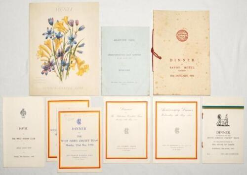 Pelham Francis ‘Plum’ Warner. Oxford University, Middlesex & England 1894-1920. A selection of eight official menus from Warner’s personal collection, some with notes for a speech given by Warner. Items include an ‘Argentine Club Independence Day Dinner S