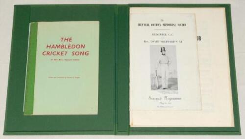 ‘Song On The Game of Cricket’. Rev. R. Cotton. A collection of six items relating to ‘The Hambledon Cricket Song’, written by Reynell Cotton, c. 1761, preserved in a modern green cloth case. The contents comprise an original souvenir programme tipped in f