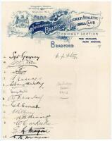 Australian tour to England 1912. ‘Triangular Tournament’. Autograph page signed on ornately headed Bradford Cricket, Athletic and Football Club letterhead. Thirteen nice signatures in black ink of members of the Australian touring party. Signatures are Gr