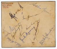 Australia tour to South Africa 1949/50. Page nicely signed in black and blue inks by ten members of the Australian touring party. Signatures are Hassett, Morris, Johnson, Miller, Langley, McCool, Archer, Moroney, Lindwall and Johnston. Names annotated in 