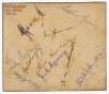 Australia tour to South Africa 1949/50. Page nicely signed in black and blue inks by ten members of the Australian touring party. Signatures are Hassett, Morris, Johnson, Miller, Langley, McCool, Archer, Moroney, Lindwall and Johnston. Names annotated in 