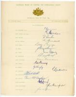 Australia tour to England 1956. Official autograph sheets fully signed in ink by all seventeen listed members of the touring party. Signatures are Johnson (Captain), Miller, Archer, Benaud, Burge, Burke, Craig, Crawford, Davidson, Harvey, Langley, Lindwal