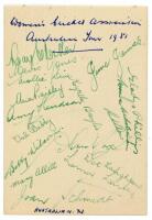 ‘Women’s Cricket Association Australian Tour 1951’. Album page fully signed in green ink by the seventeen members of the Australian touring party. Players’ signatures are Dive (Captain), Jones, Paisley, Hudson, Batty, Wilson, Allitt, James, Phillips, Whit