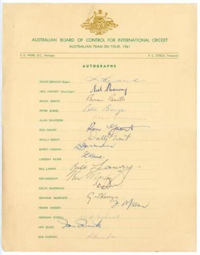 Australia tour to England 1961. Official Australian Board of Control autograph sheet fully signed by all seventeen members of the Australian touring party. Signatures are Benaud (Captain), Harvey, Burge, Davidson, Gaunt, Grout, Jarman, Kline, Lawry, Macka