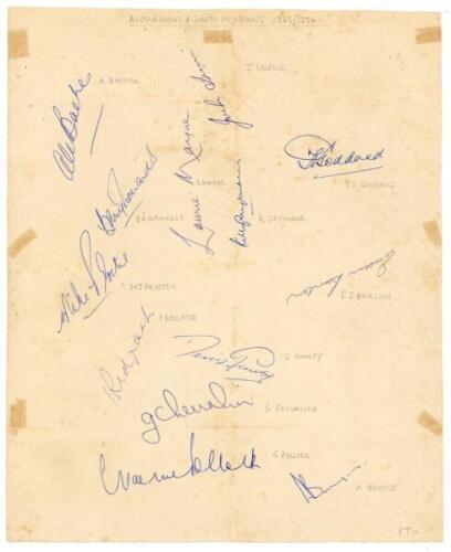 ‘Australians & South Africans 1969/70’. Large page signed in ink to one side by thirteen and to the verso by ten members of the South African team and Australian touring party. South African signatures are Bacher, Irvine, Richards, Seymour, Goddard, Proct