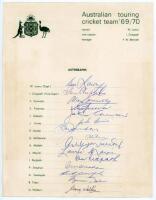 Australian Touring Cricket Team to South Africa 1969/70. Official autograph sheet fully signed by the fifteen members of the Australia touring party. Signatures are Lawry (Captain), Chappell, Connolly, Freeman, Gleeson, Irvine, Jordon, McKenzie, Mallett, 