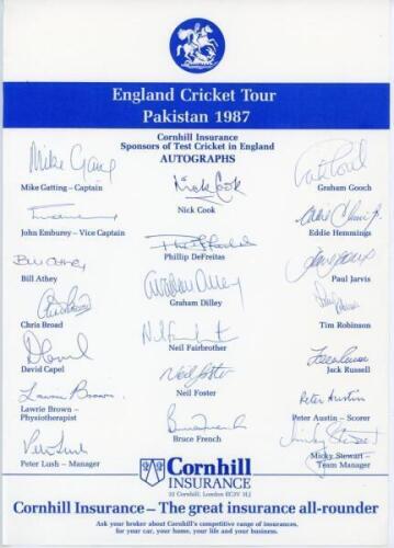 England tour to Pakistan 1987. Two official autograph sheets, each fully signed by all twenty members of the England touring party. Signatures are Gatting (Captain), Robinson, Cook, Athey, Fairbrother, Broad, Emburey, Gooch, DeFreitas, Foster, Russell, Di