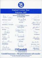 England tour to Pakistan 1987. Two official autograph sheets, each fully signed by all twenty members of the England touring party. Signatures are Gatting (Captain), Robinson, Cook, Athey, Fairbrother, Broad, Emburey, Gooch, DeFreitas, Foster, Russell, Di