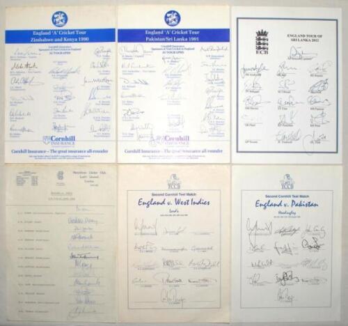 England autograph sheets 1986-1996. Five official autograph sheets of England teams, fully signed unless stated. Includes three for home Test matches v India, 1st Test, Lord’s, June 1986 (12 signatures), v West Indies, 2nd Test, Lord’s, June 1995 (12, lac