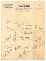 M.C.C. tour to South Africa 1948/49. Rand Daily Mail headed page signed in ink by all sixteen playing members of the M.C.C. touring party. Signatures are Compton (Captain), Palmer, Crapp, Hutton, Watkins, Wright, Jenkins, Watkins, Tremlett, Simpson, Griff