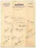 M.C.C. tour to South Africa 1948/49. Rand Daily Mail headed page signed in ink by all sixteen playing members of the M.C.C. touring party. Signatures are Compton (Captain), Palmer, Crapp, Hutton, Watkins, Wright, Jenkins, Watkins, Tremlett, Simpson, Griff