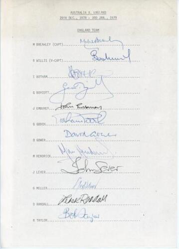 England tour of Australia 1978/79. Official autograph sheet for the England team who played Australia at Melbourne on the 29th December 1978 to 3rd January 1979. Twelve signatures including Brearley, Willis, Botham, Boycott, Gooch, Gower, Randall, Emburey