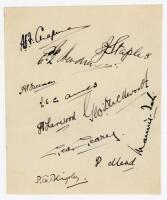 M.C.C. Australian Touring Team v Rest of England 1929. Small page very nicely signed in ink by the eleven members of the M.C.C. team. Signatures are Chapman (Captain), Staples, Hendred, Freeman, Ames, Larwood, Duckworth, Geary, Tate, Mead and Kingsley. Ve