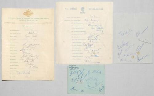 England, Australia and New Zealand autographs 1949-1963. Two official autograph sheets, one for Australia tour to England 1961 signed by sixteen including Benaud, Harvey, Booth, Davidson, Gaunt, Lawry, Misson, Simpson etc. Laid down to tightly trimmed pag