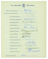 M.C.C. tour of the West Indies 1959/60. Official autograph sheet fully signed by all sixteen members of the M.C.C. touring party including the Manager R.W.V. Robins. Signatures include May (Captain), Cowdrey, Allen, Barrington, Dexter, Illingworth, Pullar