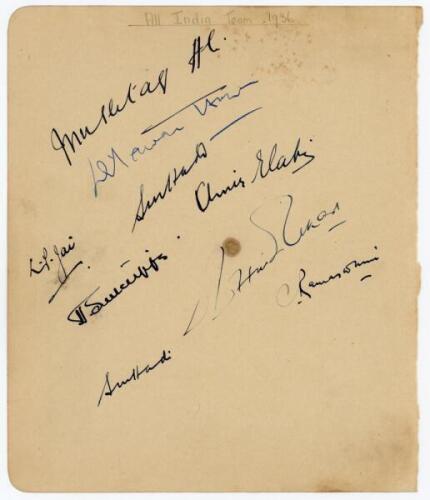 All India tour to England 1936. Large album page nicely signed in ink by Herbert Sutcliffe and eight members of the India touring party. India signatures are Mushtaq Ali, Mahomed Hussain[?], Amir Elahi, D.D. Hindelkar, C. Ramaswami, L.P. Jai, and S.M. Had