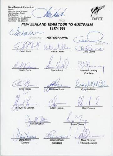 New Zealand tour to Australia 1997/98. Official New Zealand Cricket autograph sheet fully signed by the twenty members of the New Zealand touring party. Signatures include Fleming (Captain), Nash, Spearman, Drum, Astle, Cairns, Davis, Doull, Harris, McMil