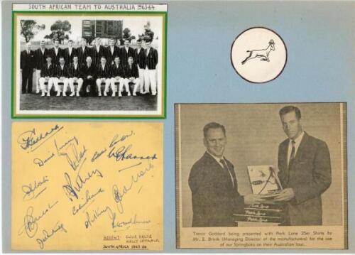 ‘South African Team to Australia 1964-65’. Album page nicely signed in blue ink by thirteen members of the South Africa touring party. Signatures are Goddard (Captain), Lindsay, P. Pollock, Barlow, Farrer, Waite, Carlstein, Partridge, A. Pithey, Bland, D.